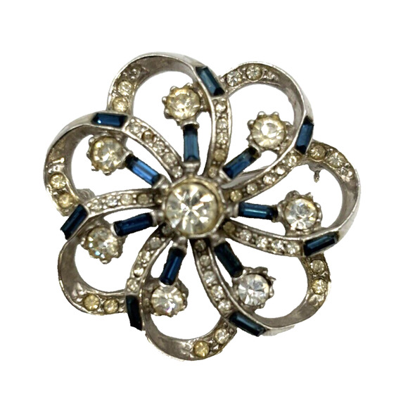 Vintage Rhinestone Brooch Clear Blue Scatter Pin Some Yellowing J1-3006 - Picture 1 of 8